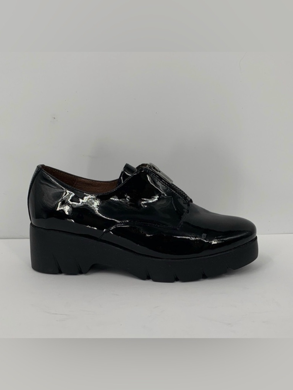 Wonders Fly II platform wedge loafer shoe black patent leather zipper new 36 6